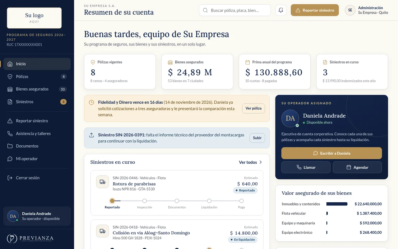 Inicio del portal de clientes: pólizas, bienes asegurados, siniestros en curso y la ejecutiva asignada
